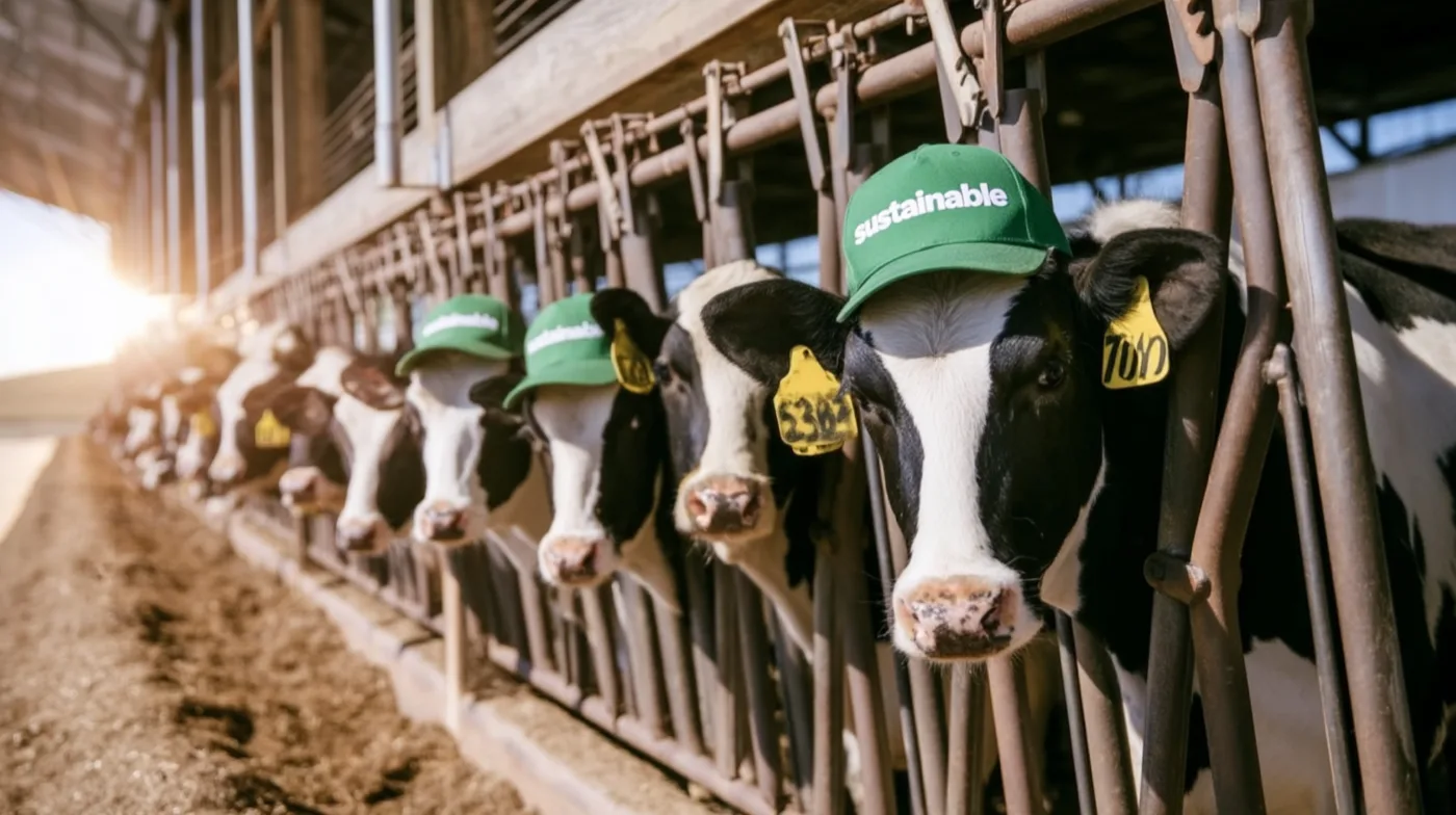 A row of dairy cows wearing green caps that read “sustainable”